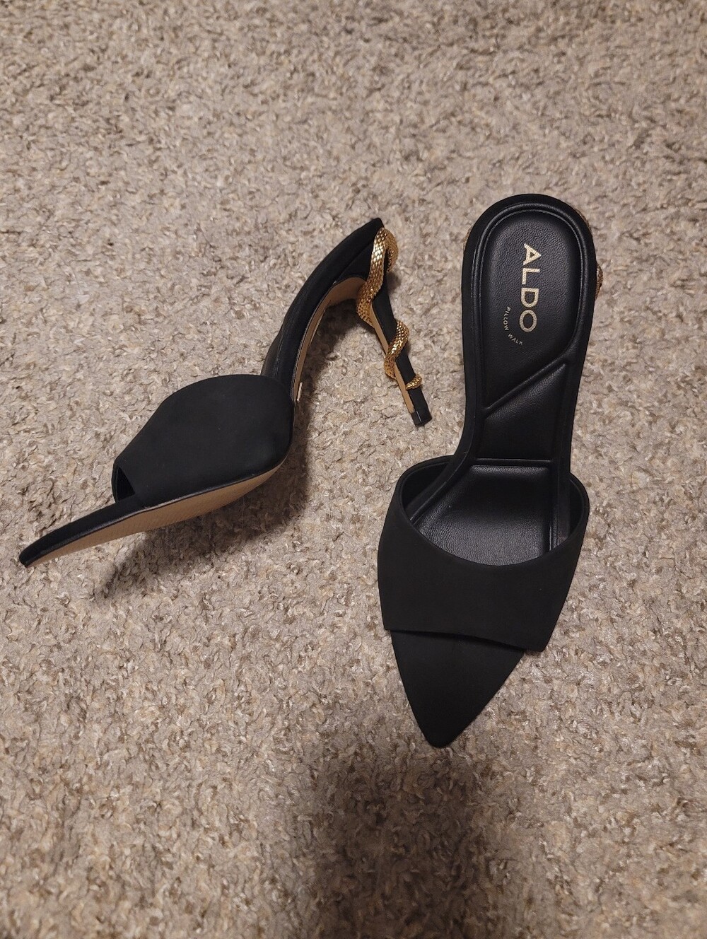 Aldo Seashella Slip On Stiletto Heels Mule Sandals Black Suede Gold Snake 6 - Picture 9 of 13